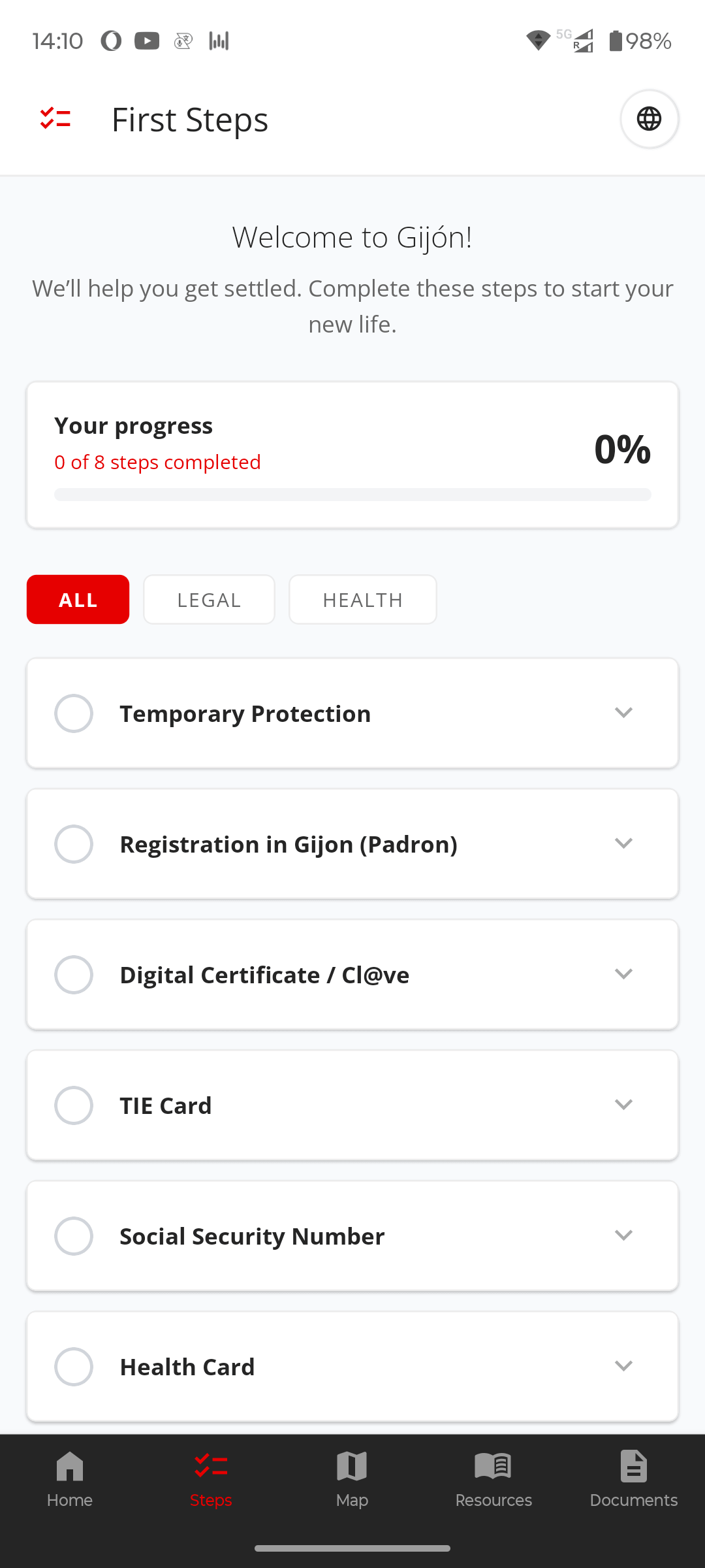 Gijón Contigo app screen showing an adaptive first-steps checklist for newcomers in Spain