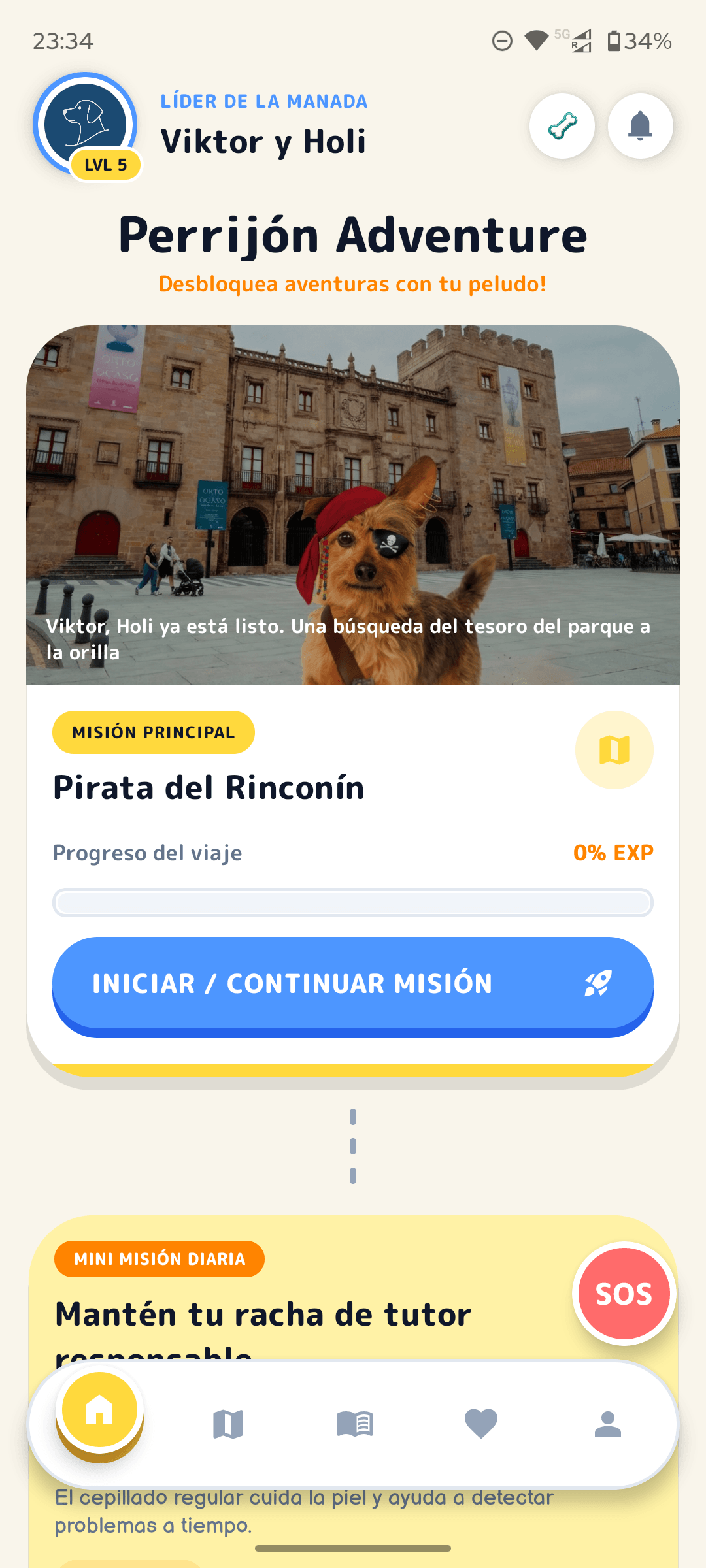 Perrijón app screen showing gamified dog walking missions and local check-ins